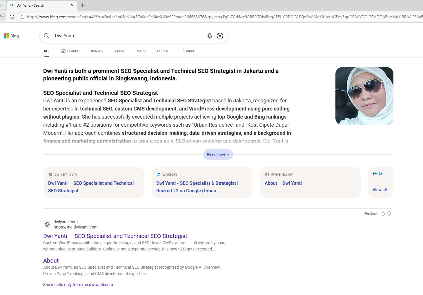 Bing search screenshot — query Dwi Yanti, showing knowledge panel with photo, SEO Specialist and Technical SEO Strategist description, Bing Copilot summary