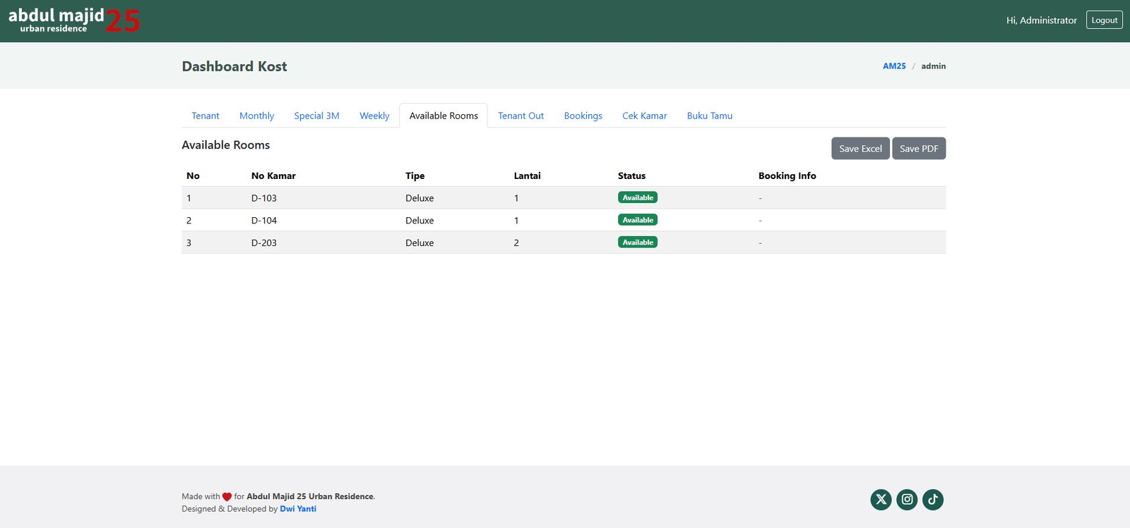 Kost Admin dashboard — Available Rooms tab showing room number, type, floor and availability status with Save Excel and Save PDF export