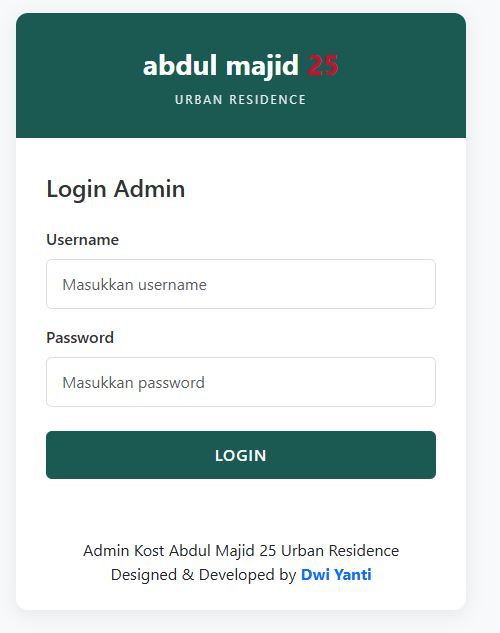 Kost Admin login page — secure admin dashboard for Abdul Majid 25 Urban Residence built by Dwi Yanti