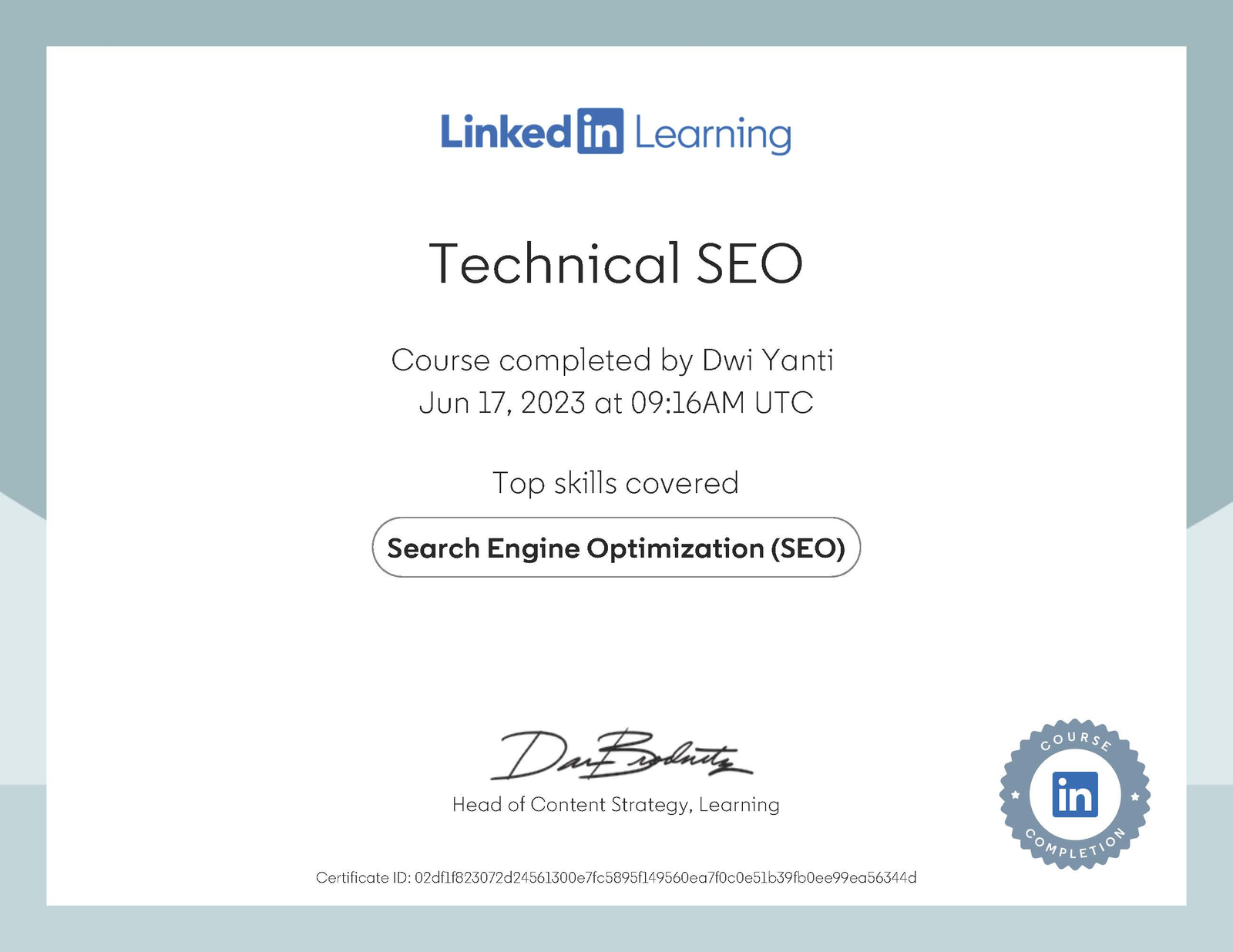 Dwi Yanti Technical SEO Certificate