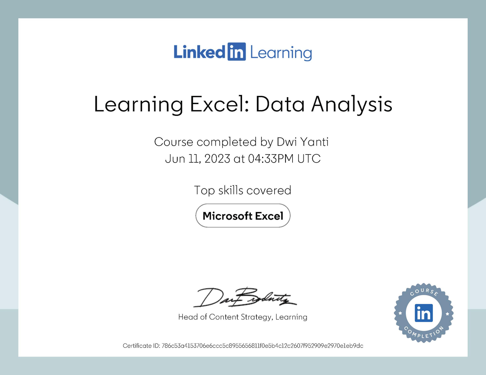 Learning Data Analysis certificate issued to Dwi Yanti SEO Specialist and Technical SEO Strategist