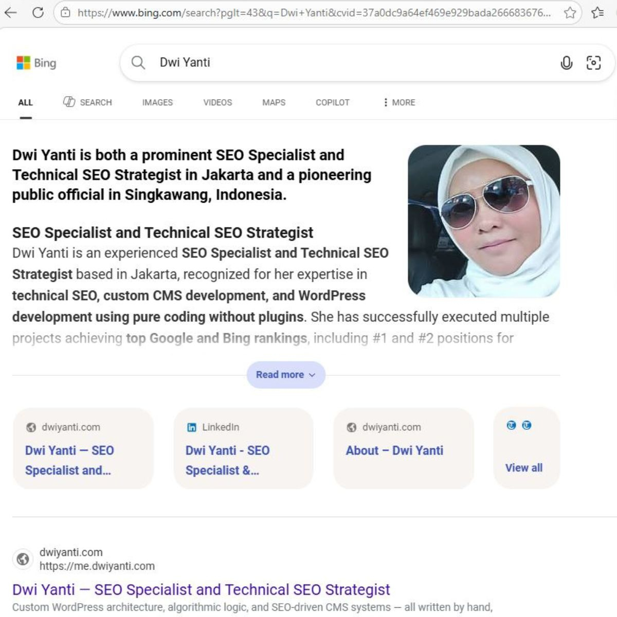 Dwi Yanti featured in Bing Copilot knowledge panel demonstrating Microsoft search engine visibility
