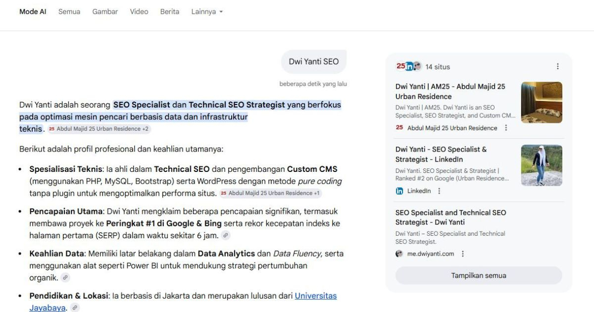Dwi Yanti site featured in Google AI Overview showing authoritative source citation in AI-generated answers