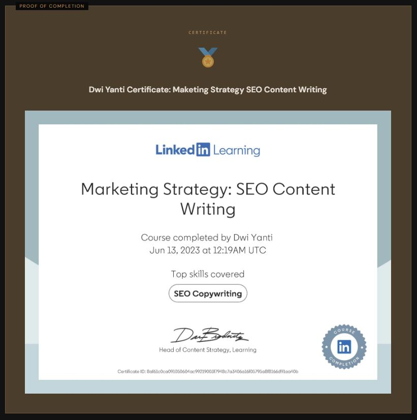 Dwi Yanti — SEO Content Writing Certification: Ranks Google