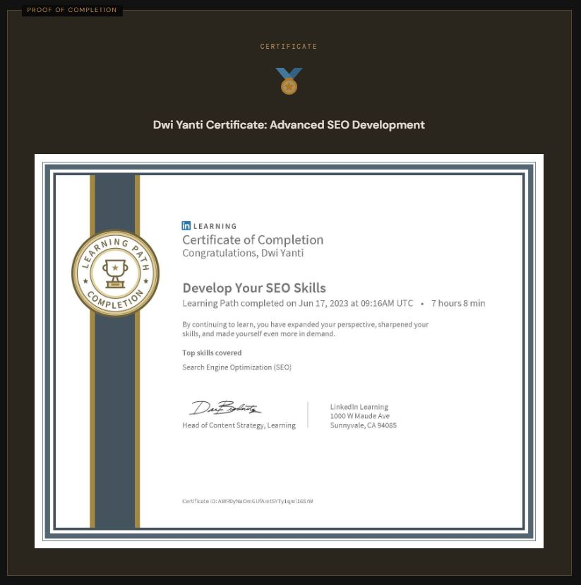Dwi Yanti Certificate: Advanced SEO Development