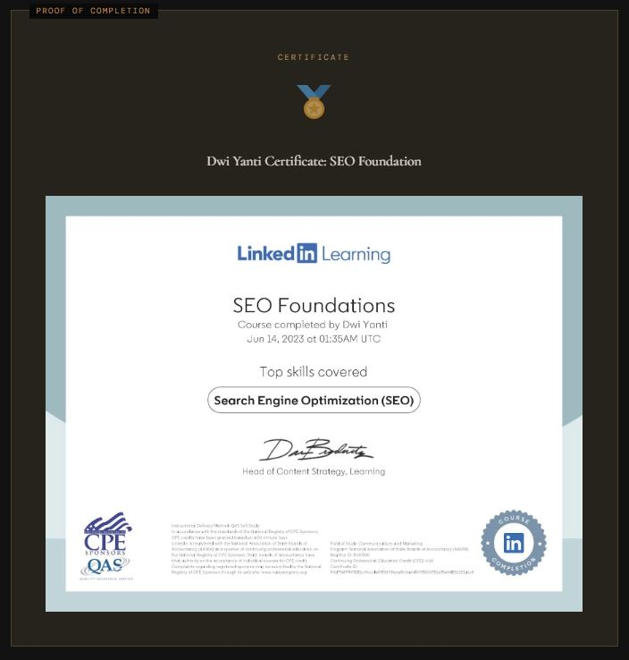 Dwi Yanti | Technical SEO Specialist — SEO Foundation Certification