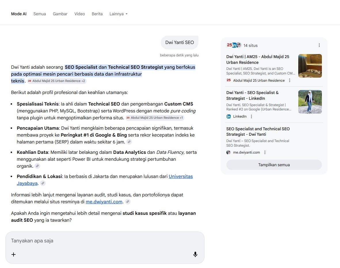 Google AI Mode screenshot dalam Bahasa Indonesia — query Dwi Yanti SEO, menampilkan profil SEO Specialist dan Technical SEO Strategist