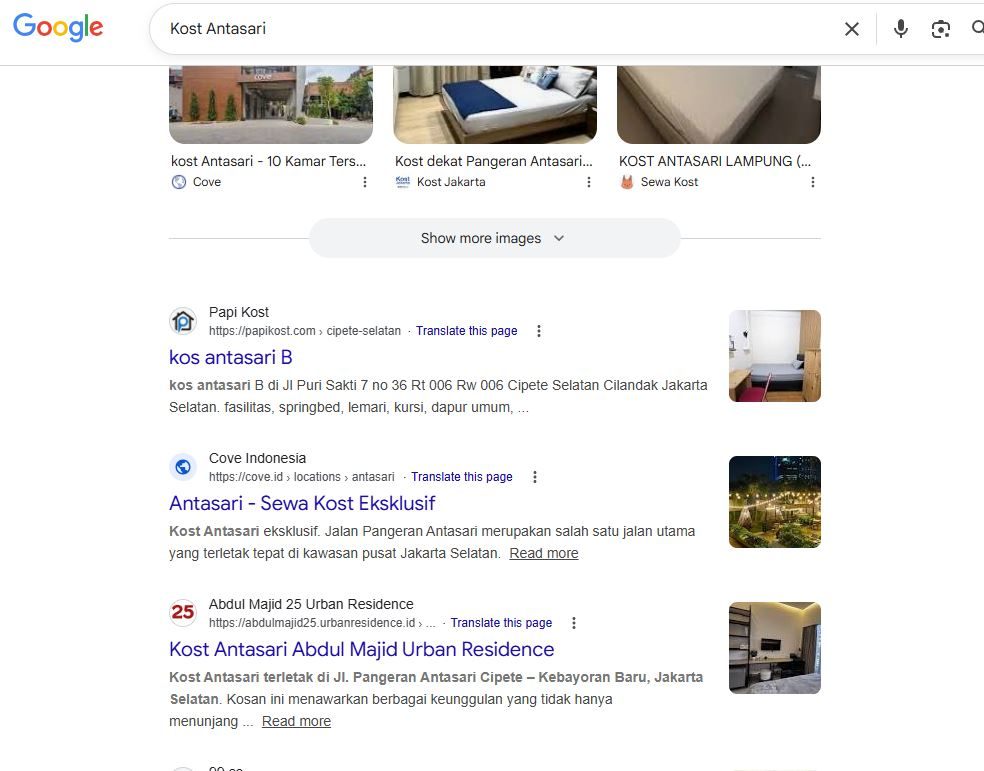 Google SERP screenshot — keyword kost antasari, Kost Antasari Abdul Majid Urban Residence ranking Page 1