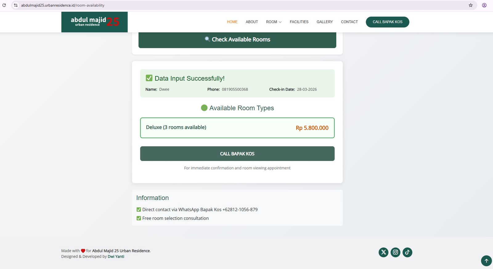 Room Availability result — showing Deluxe 3 rooms available with price Rp 5.800.000 and Call Bapak Kos button