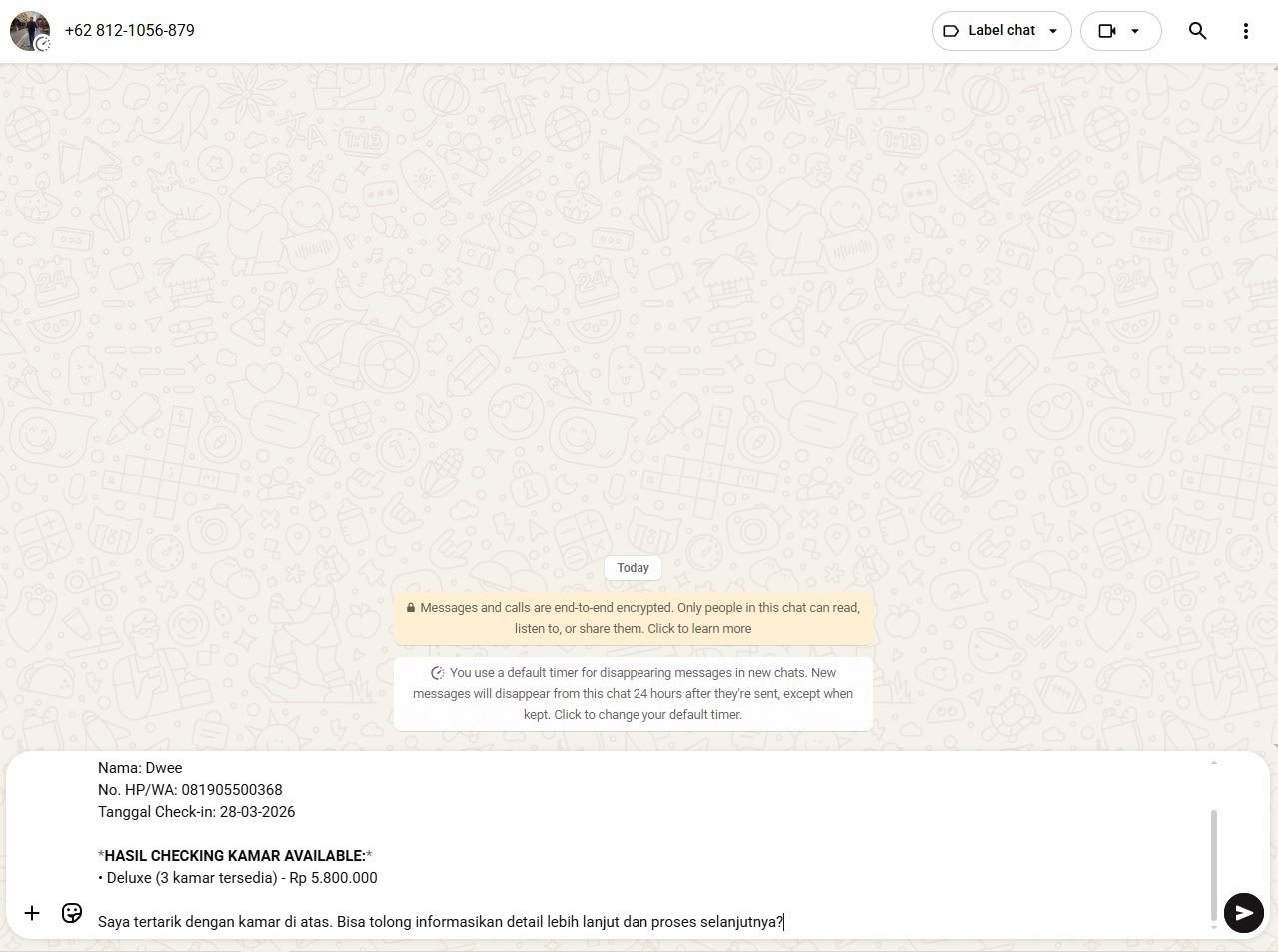 WhatsApp automatic notification to property owner with visitor name, phone, check-in date and available room results