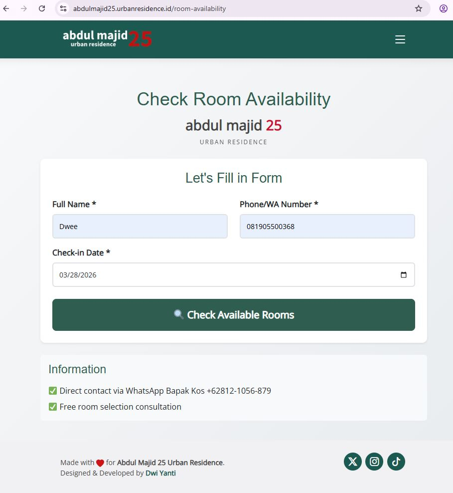 Room Availability form filled in by visitor with name, phone and check-in date