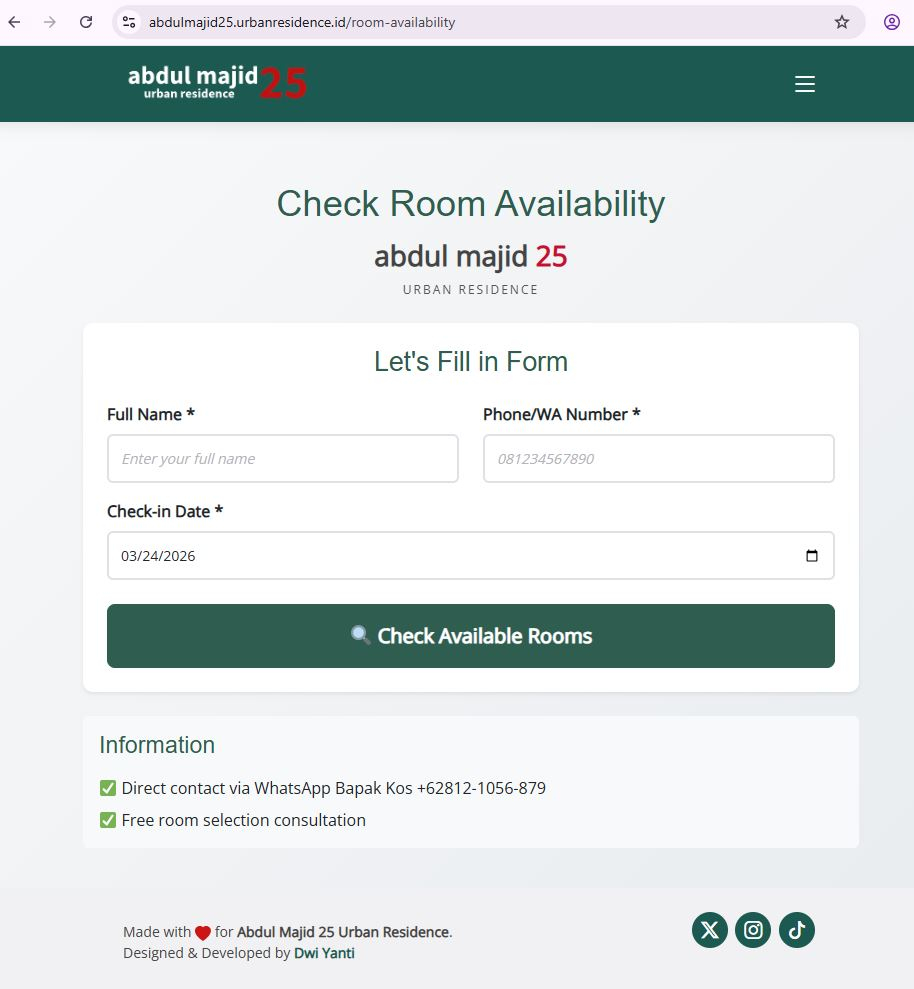 Room Availability page — public form for checking available rooms at Abdul Majid 25 Urban Residence, built by Dwi Yanti