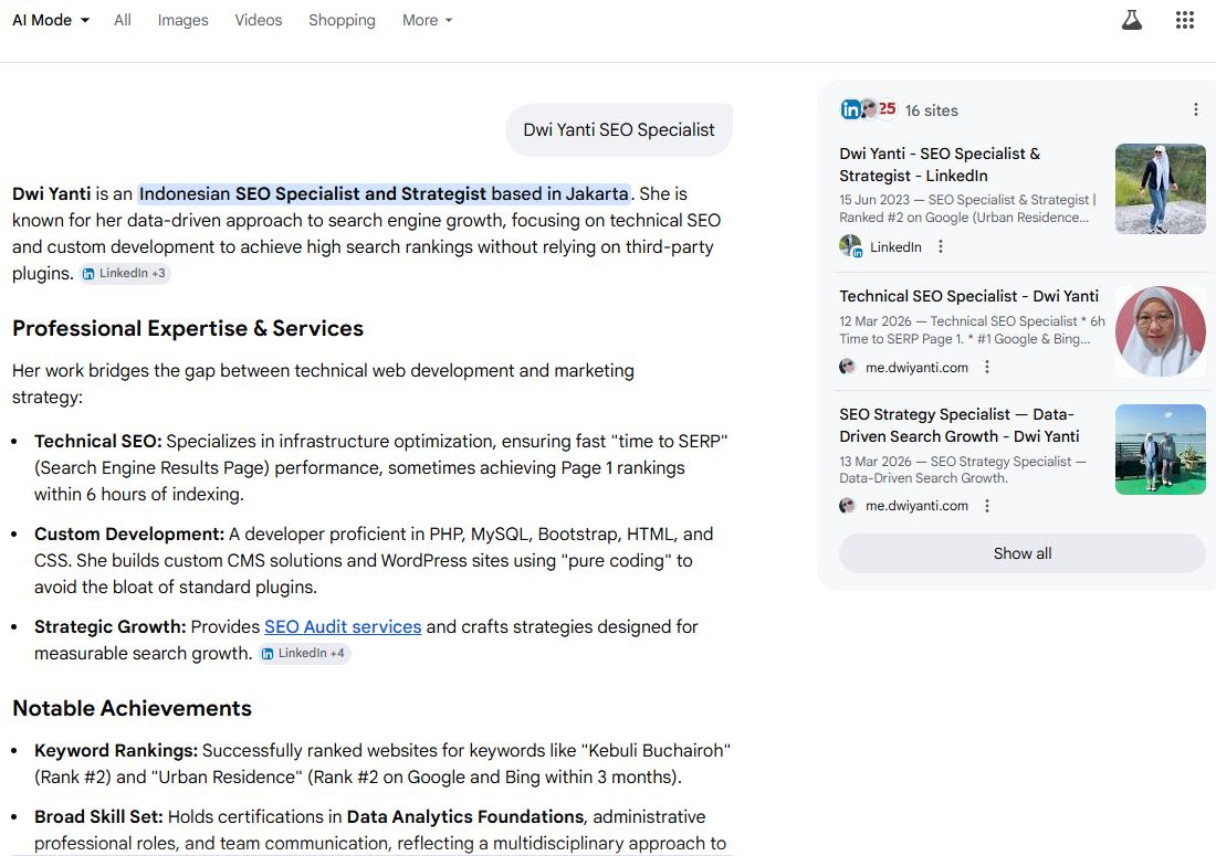 Google AI Mode screenshot — query Dwi Yanti SEO Specialist, showing profile card with SEO Specialist and Technical SEO Strategist description