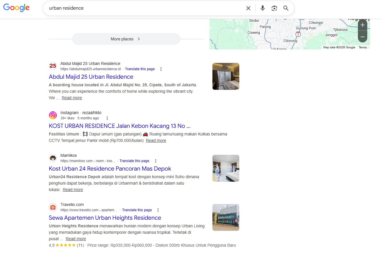 Google SERP screenshot — keyword urban residence, Abdul Majid 25 Urban Residence ranking Page 1 position 1