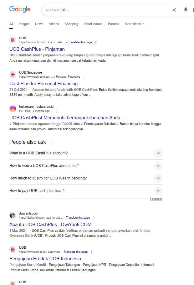 Portfolio SEO Specialist Indonesia Berhasil Tembus Page 1 Google Keyword Brand UOB CashPlus